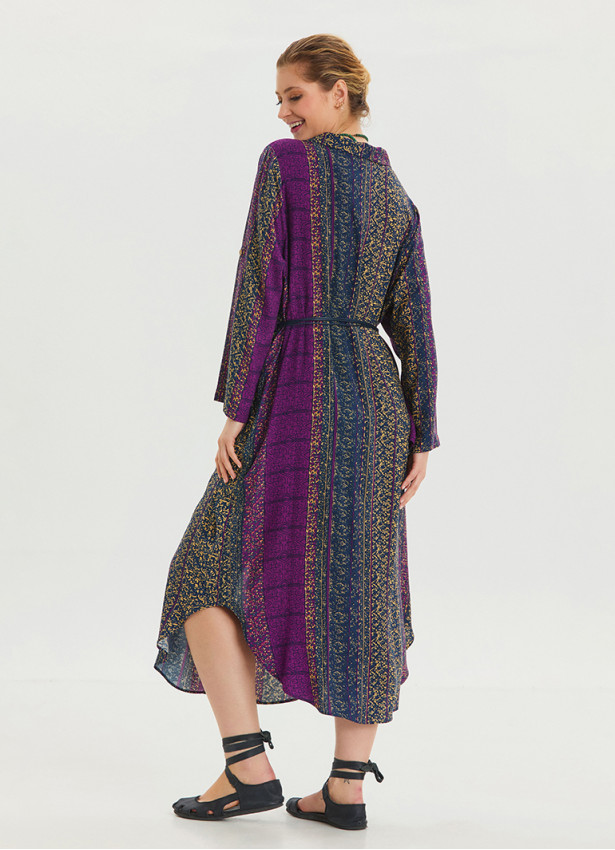 P Shirt Collar Belt Detailed Purple Patterned Long Sleeve Dress 4449